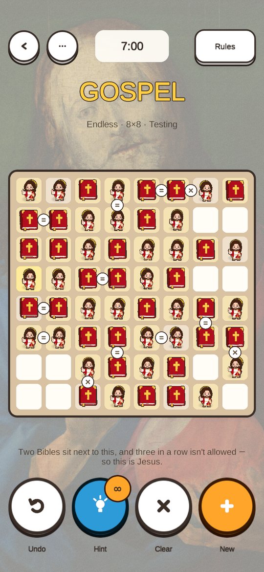 A puzzle half solved. A hint explains the next square: two Bibles sit next to it, so it must be Jesus.