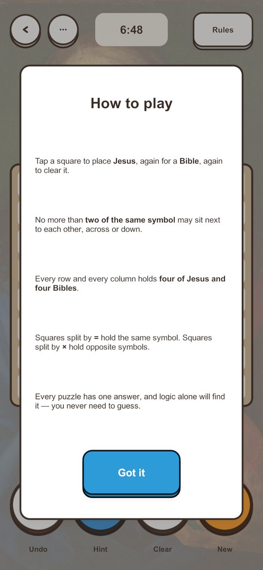 How to play: no more than two of the same symbol side by side, and every row and column holds four of each.