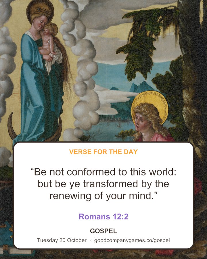 The picture shared for a day's verse: Romans 12:2 over a painting of Saint John on Patmos.